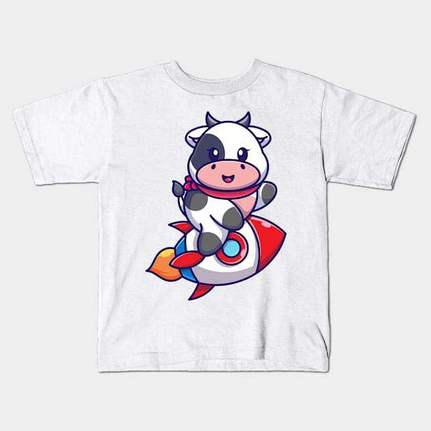 Cute cow riding rocket cartoon Kids T-Shirt by Wawadzgnstuff